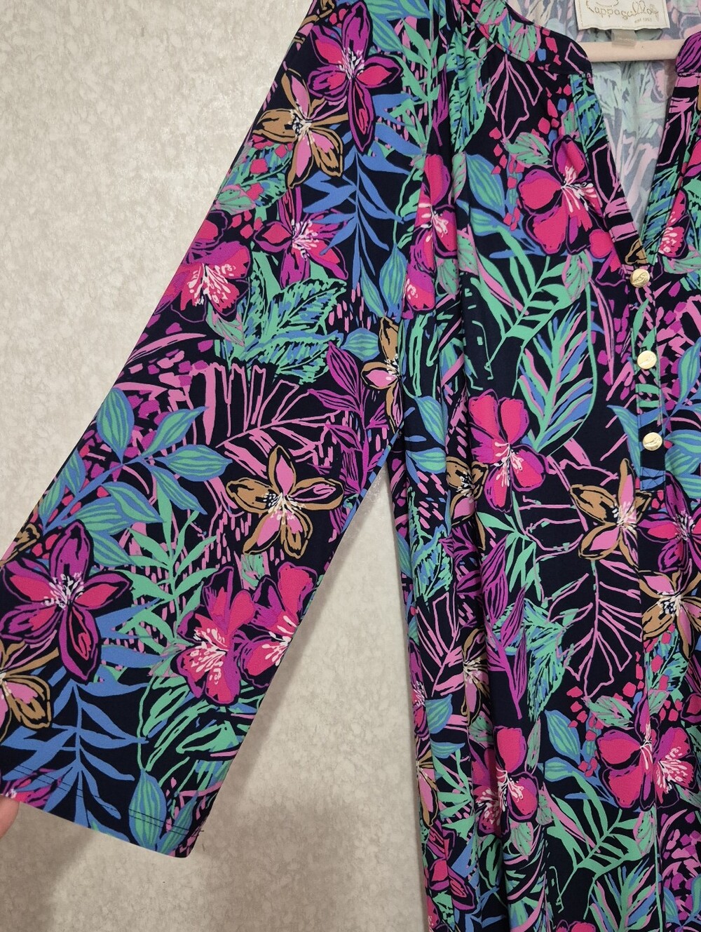 Pappagallo Black Dress with Fuchsia-green Floral Multi Shift Midi Dress-Large - Picture 7 of 11